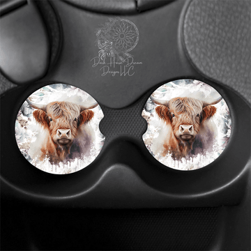 Faire: Dark Horse Dream Designs LLC Cermaic (Hard) Highland Cow Car Coasters Watercolor Floral Cermaic